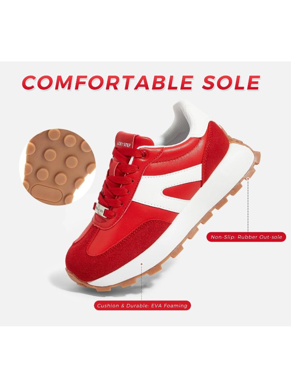Women's Red Retro Classic Stylish Lace Up Tennis Running Walking Sneakers - Picture 4 of 7